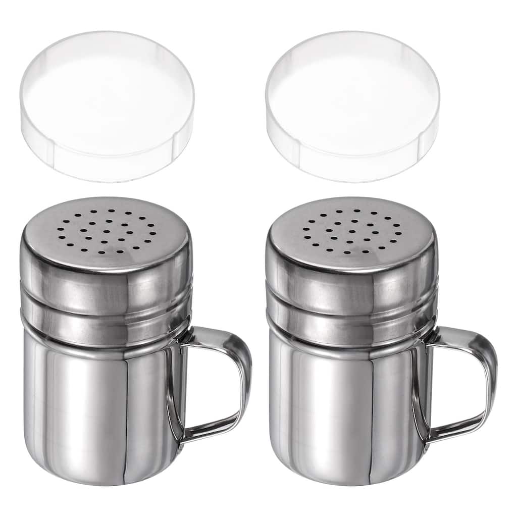 2x Salt Dredge Shakers Stainless Steel Spice Shakers W Handle and Lid - Silver