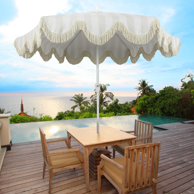 9ft Tassel Patio Umbrella Auto-Tilt, Crank , by JONATHAN Y - Light Gray/White/Cream