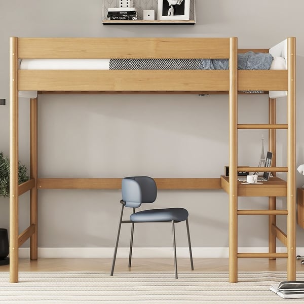 slide 2 of 9, Loft Bed with Desk, Upholstered Loft Bed Frame with Ladder, Safety Guardrails,Rubber Wooden,Teddy Fleece Fabric Headboard Natural - Twin