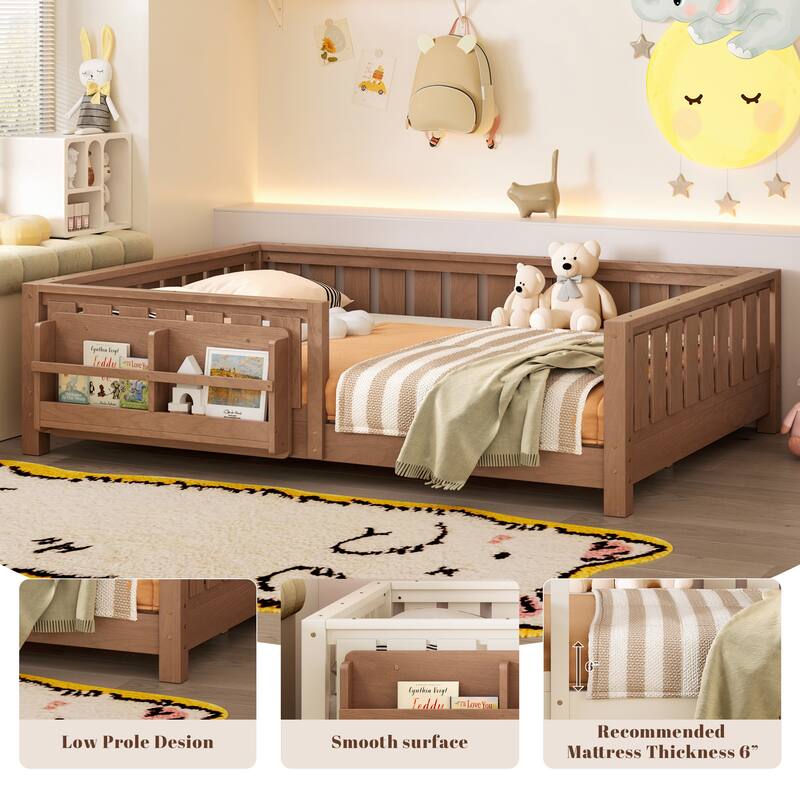 Montessori Floor Bed Low Profile Kids Bed with Rails & Bookshelf