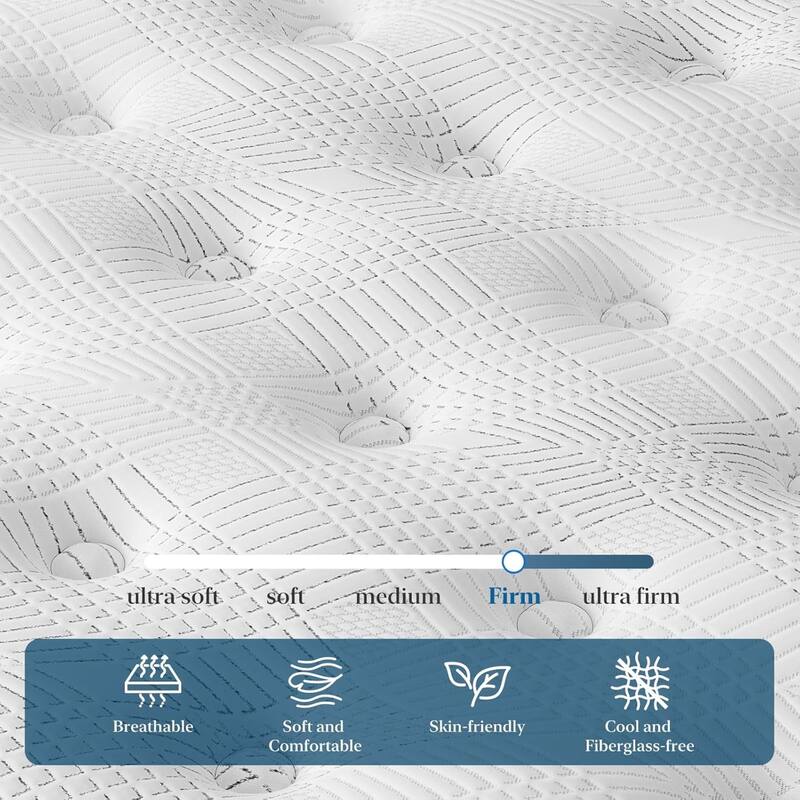 Roomfitters 12 Inch Full/Queen Hybrid Mattress, Euro Top Memory Foam and Pocket Spring Bed for Spine Support, Medium Firm, White