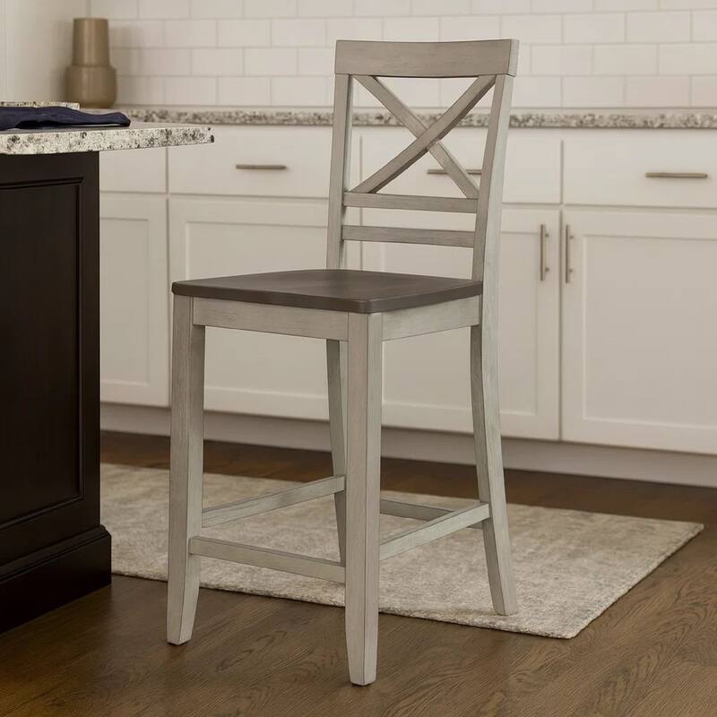 Brian 23 Inch Counter Chair Crossbuck Backrest Rustic Gray Wood Brown