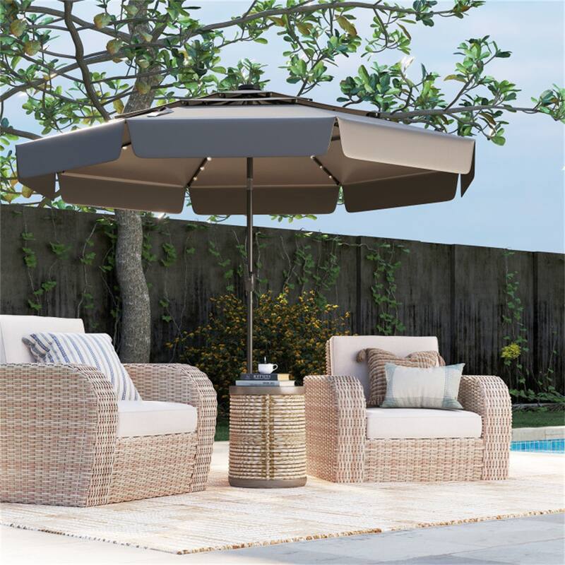 Outdoor 10 ft Umbrella with 3-Tier Venting Solar LED Lights Tilt and Crank for Poolside or Garden