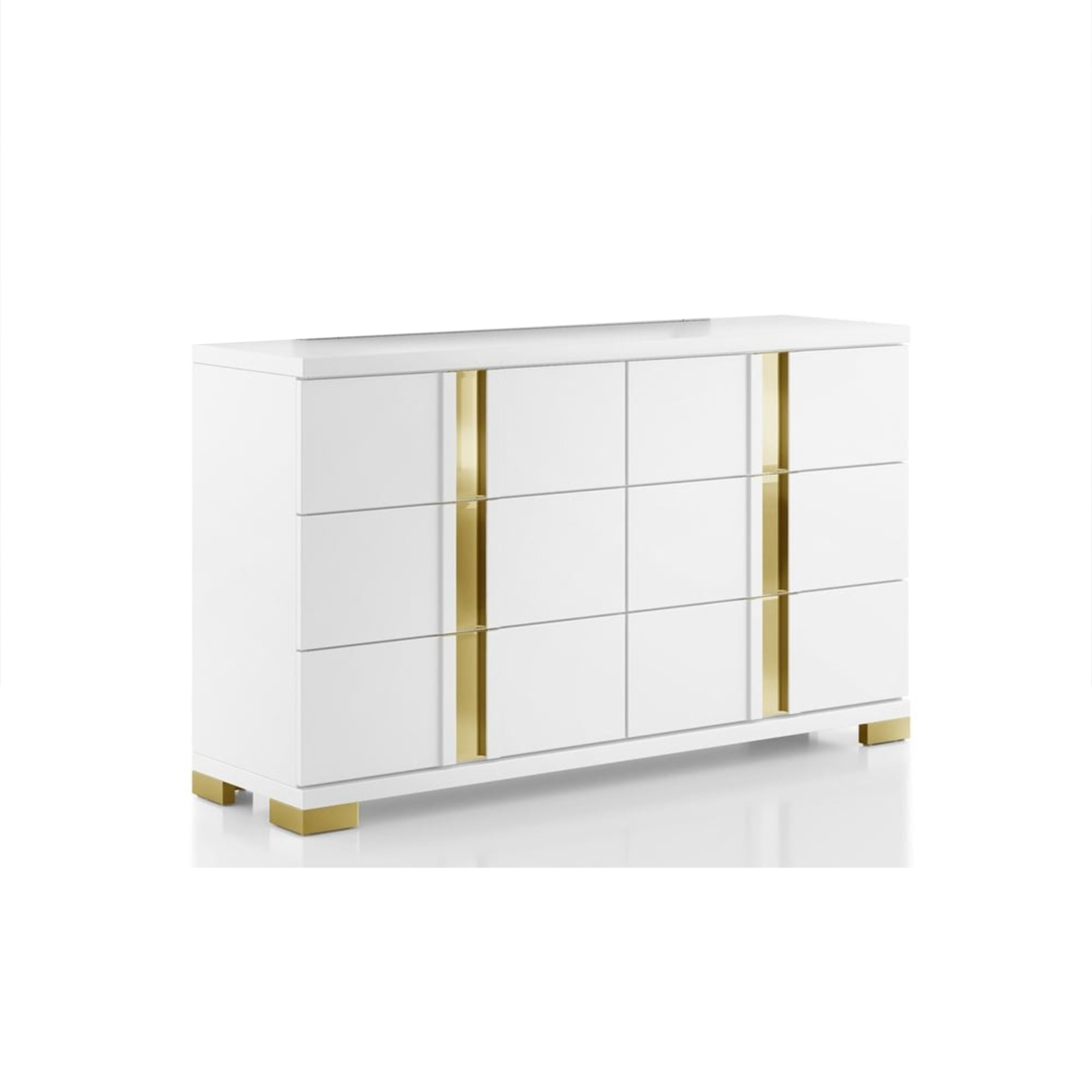 Yoki Wide Dresser, 6 Drawers, Modern Glam White and Gold - White, Gold