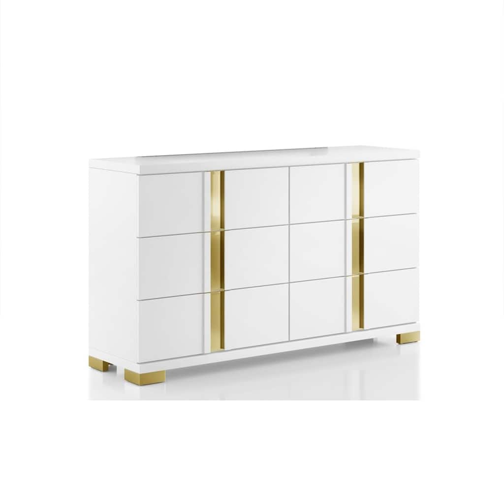 Yoki Wide Dresser, 6 Drawers, Modern Glam White and Gold