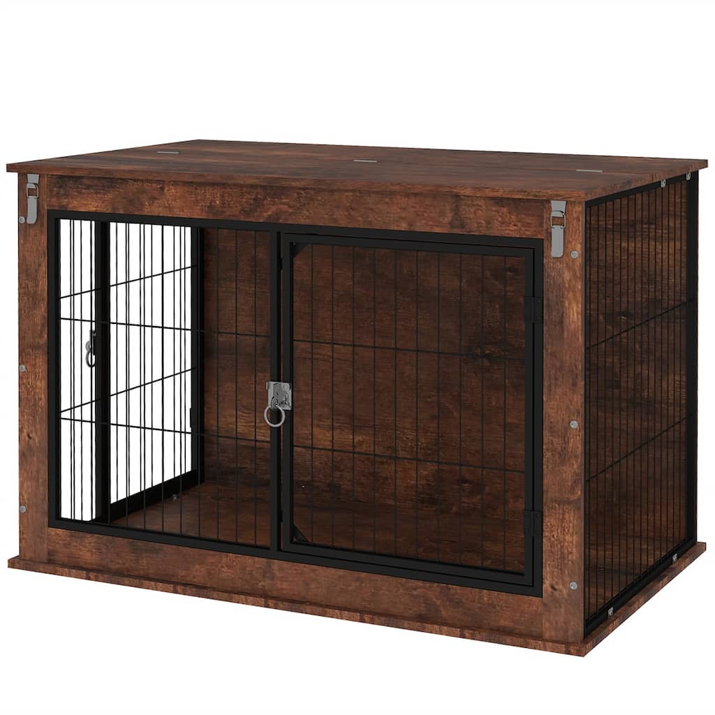 Rustic Brown Dog Crate Furniture with Dual Doors Top Opening Steel and Particleboard Construction for Large Dogs