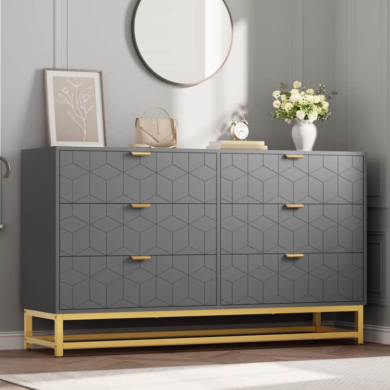 53.5" Modern 6-Drawer Dresser with Metal Legs, Wide Storage Chest of Drawers for Bedroom, Living Room, Entryway