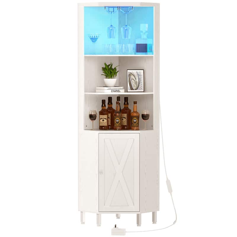 5 Tiers Corner Bar Cabinet Wine Rack Display Shelves with LED Lights and Glass Holder