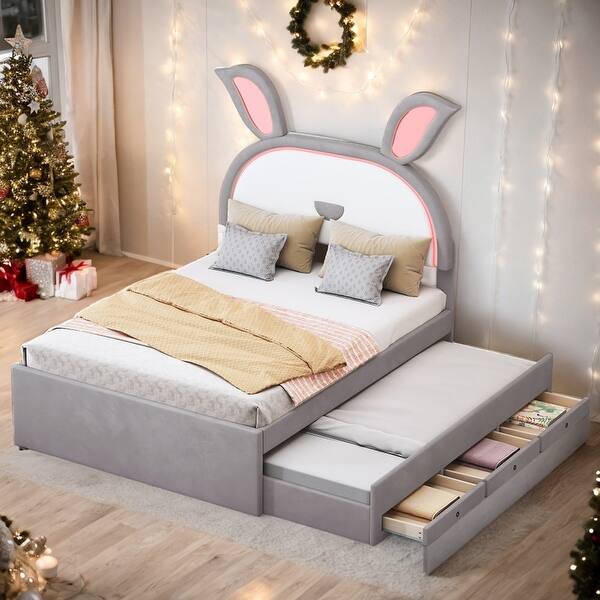 slide 2 of 32, Twin/Full Size Upholstered Platform Bed Rabbit-Shaped Headboard with Embedded LED Lights and 3 Drawers Twin - Grey