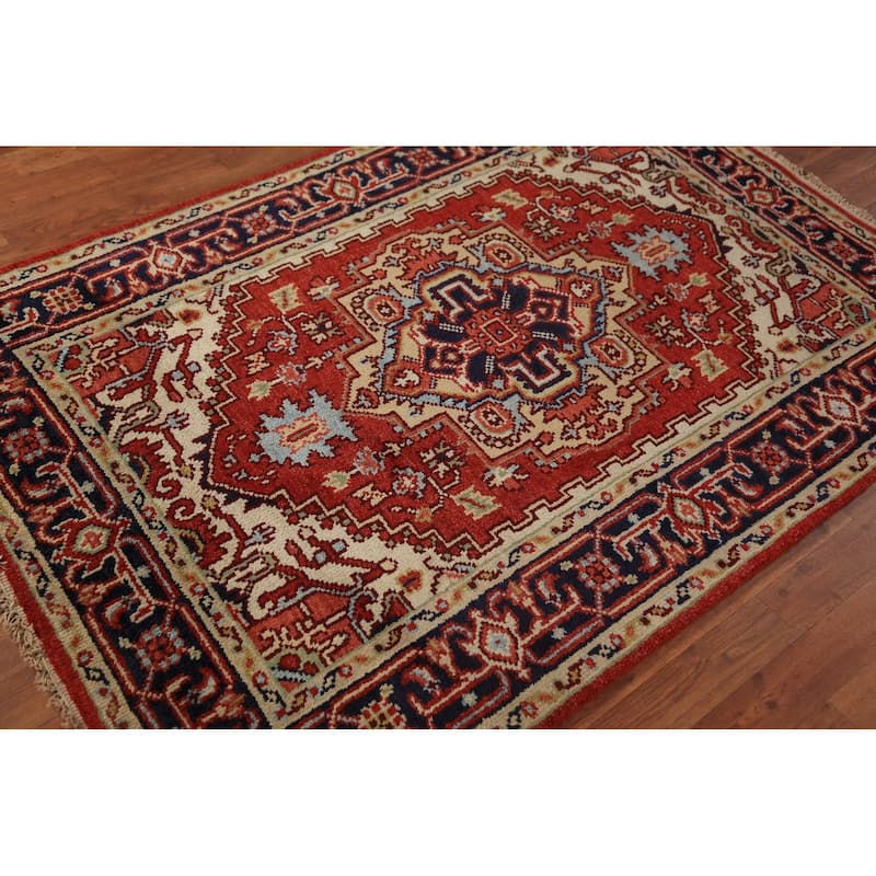 Geometric Heriz Serapi Oriental Rug Orange Handmade Wool Carpet - 4'0"x 5'10"