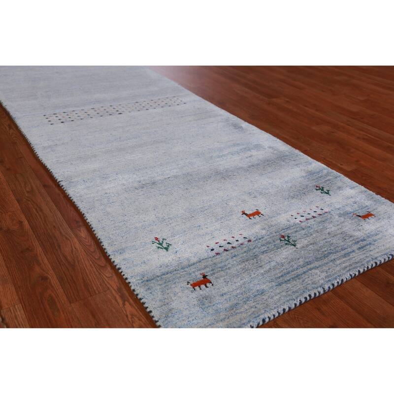 Hand Knotted Oriental 100% Wool Carpet Tribal Animal Pictorial Navy Blue & Blues Gabbeh Runner Rug - 7' 10'' X 2' 9''
