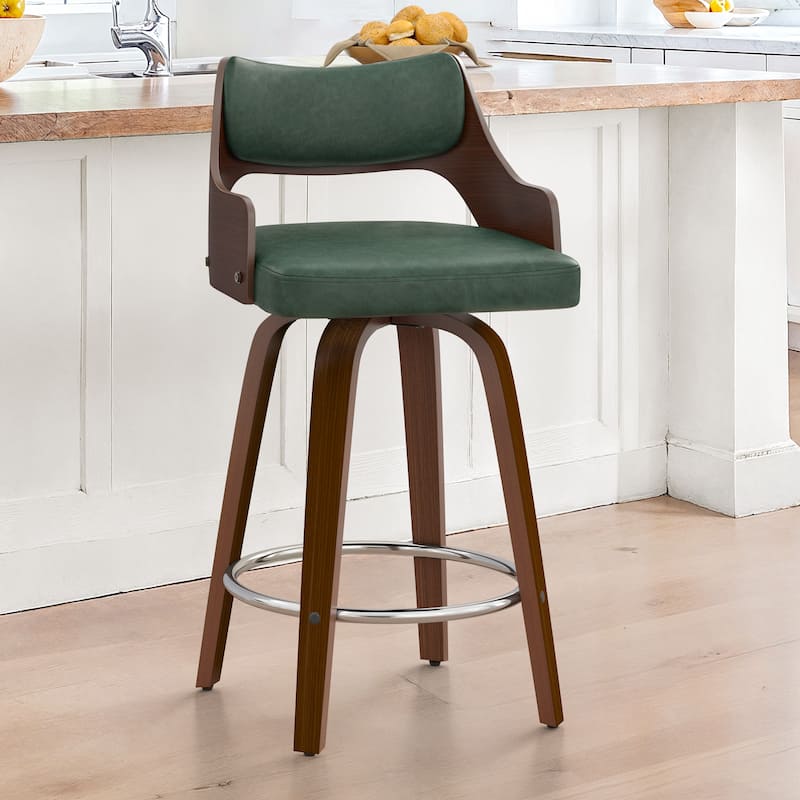 26.in Counter Height Stool Swivel Wooden Faux Leather Bar Stool with Curved Back - Green - Single