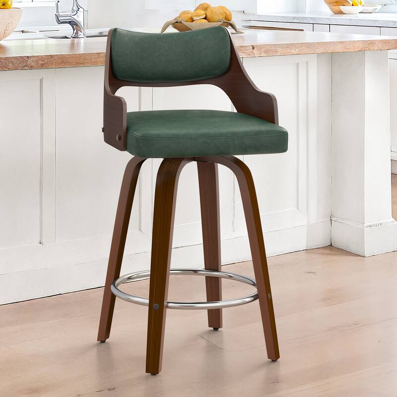 Modern Swivel Bar Stools with Curved Wood Back Upholstered Armrest Counter Stool - Green