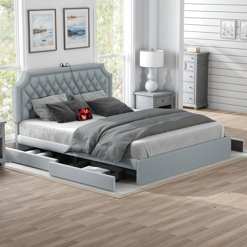 Moasis Velvet/Linen Upholstered Bedframe with Adjustable Headboard and 4 Storage Drawers - Velvet Grey - King