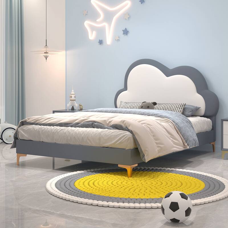 Queen Size Upholstered PU Leather Bed Frame, Kids Platform Bed with Elegant Flowers Headboard