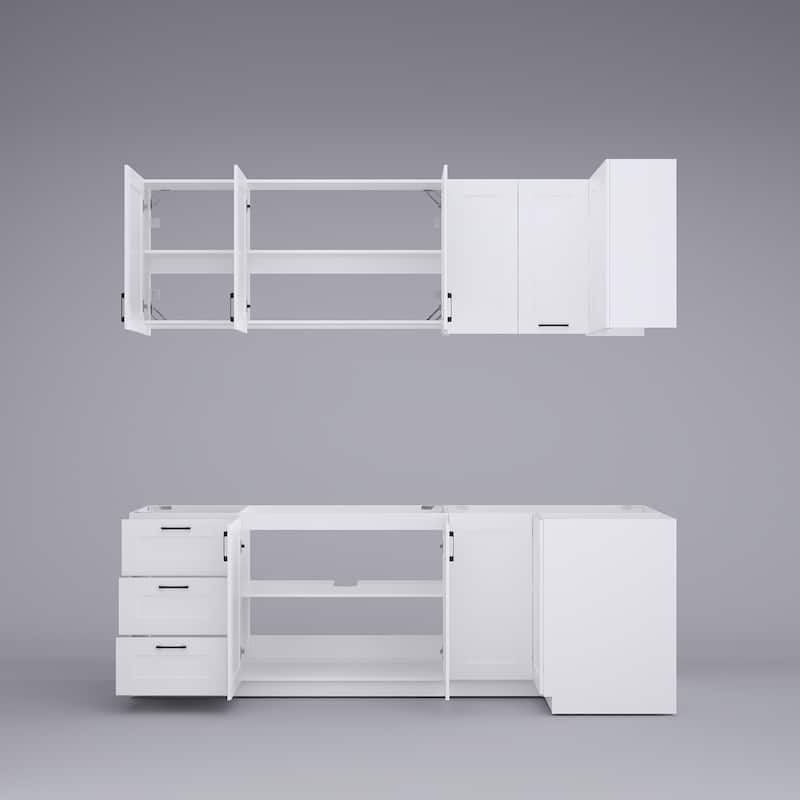 Modular White Kitchen Cabinet Set Customizable Base and Wall Cabinets Pantry Storage and DIY Countertop Design(Without desktop)