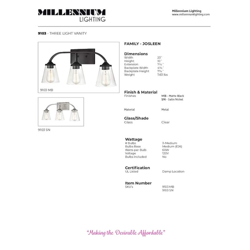 Millennium Lighting Josleen Vanity Fixture in Matte Black Finish