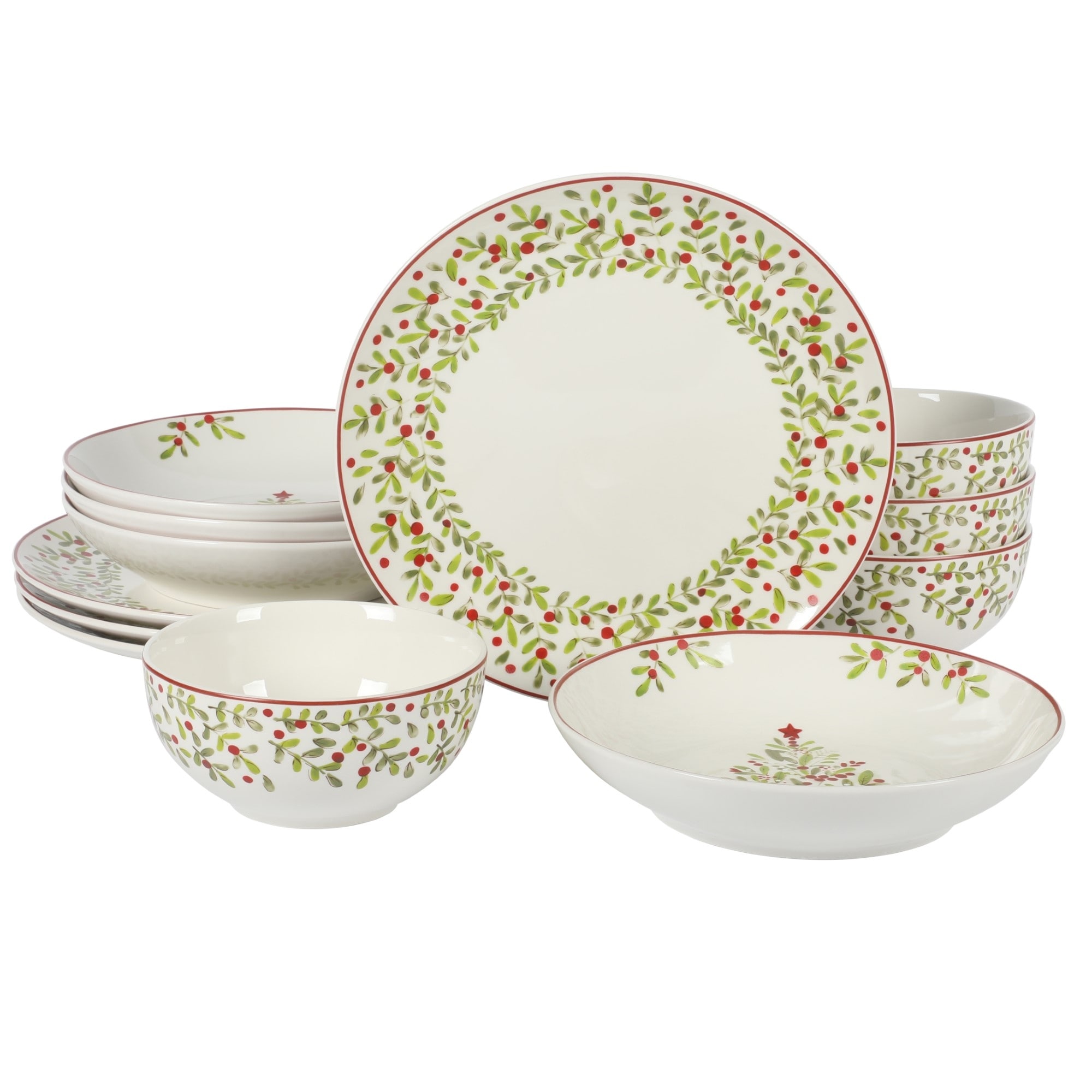 Gibson Home Tree Festival 12 Piece Double Dinnerware Set Bed