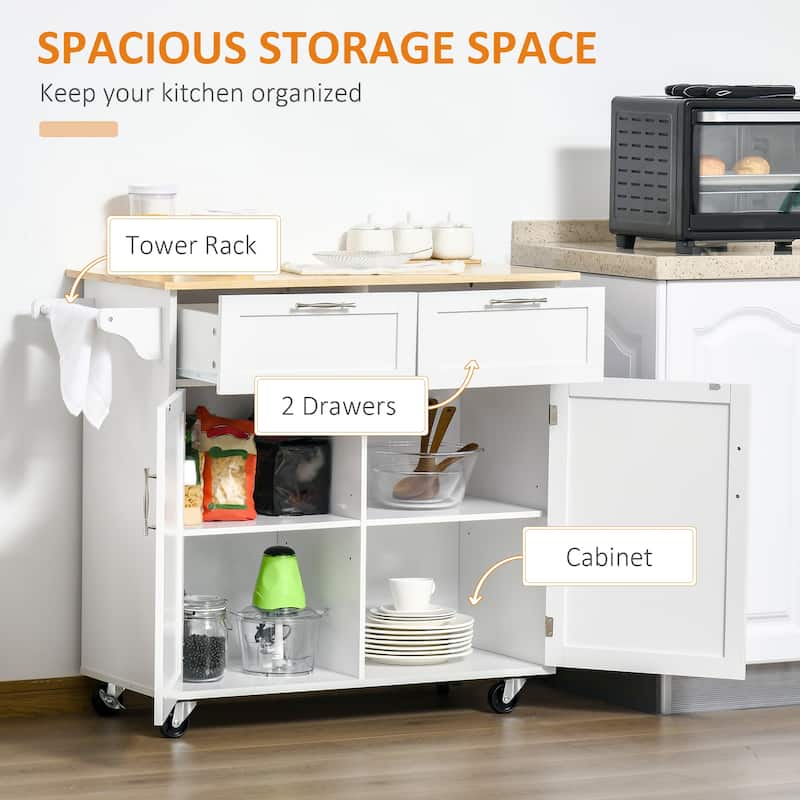 Kitchen Island on Wheels, Rolling Cart with Rubberwood Top, Spice Rack, Towel Rack and Drawers for Dining Room