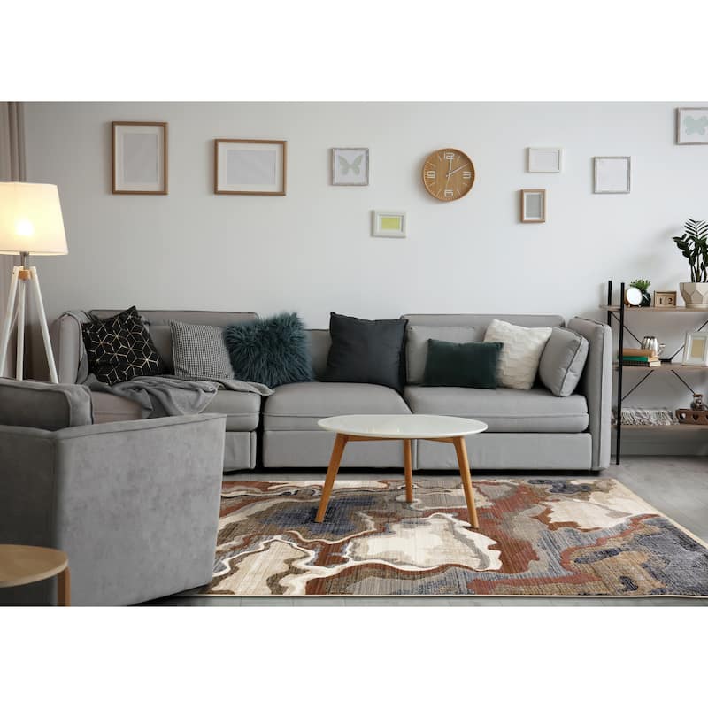 Cream Grey Brown Abstract Earth Area Rug.