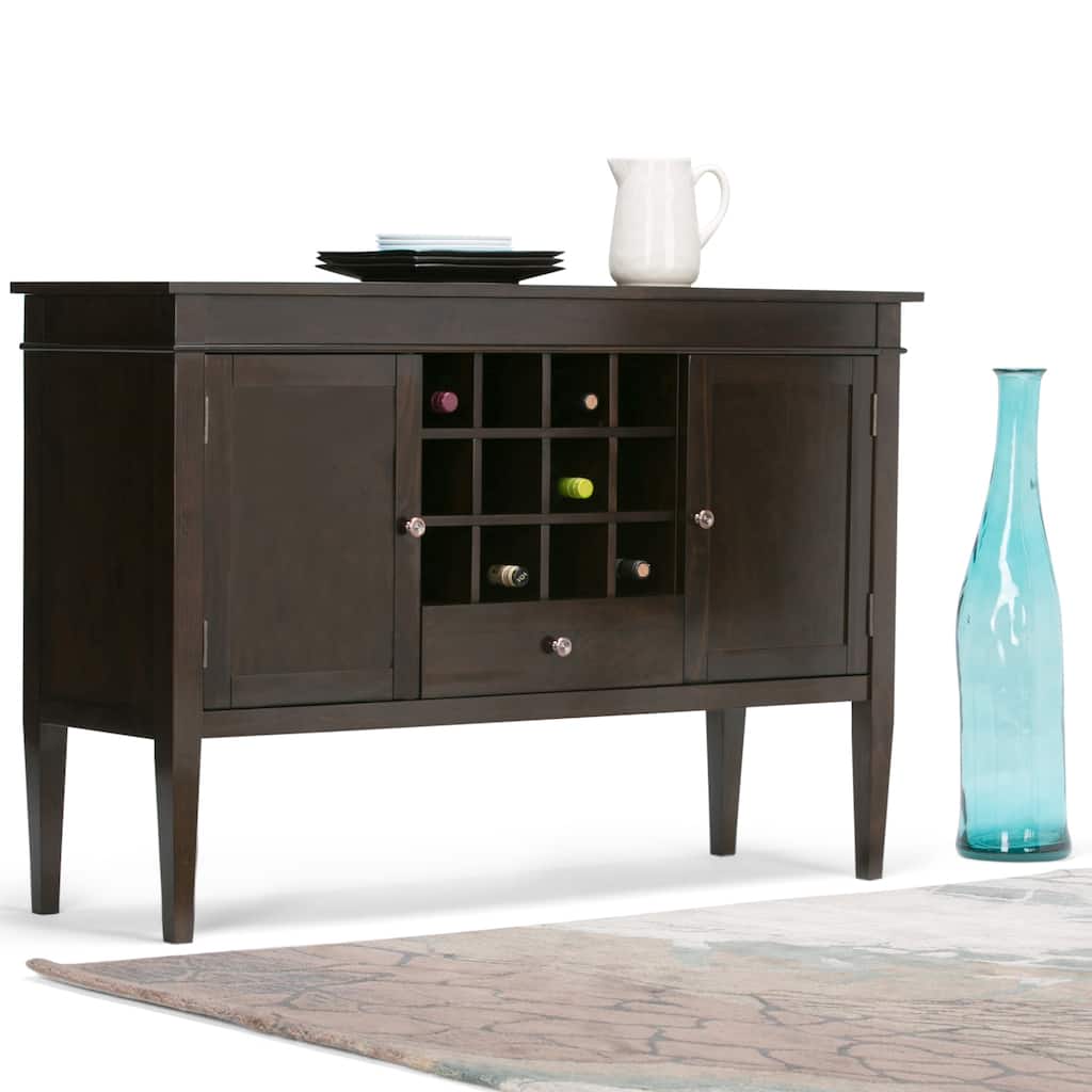 WYNDENHALL Sterling SOLID WOOD 54 inch Wide Transitional Sideboard Buffet Credenza and Wine Rack in Dark Tobacco Brown
