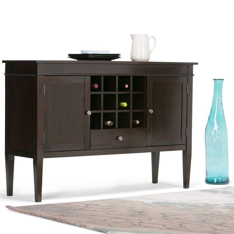 WYNDENHALL Sterling SOLID WOOD 54 inch Wide Transitional Sideboard Buffet Credenza and Wine Rack in Dark Tobacco Brown