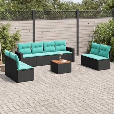 vidaXL 9 Piece Patio Sofa Set with Cushions Black Poly Rattan - 21.7 x 24.4 x 27.2