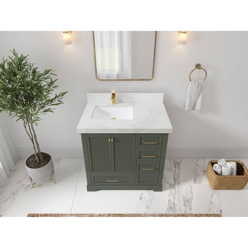 Willow Collections 36 in. W x 22 in. D Alys Left Offset Sink Bathroom Vanity with Countertop - 2"Calacatta Nuvo - Pewtergreen