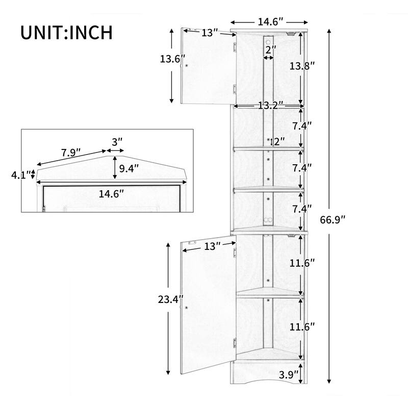 Multi-Functional Corner Cabinet Tall Bathroom Storage Cabinet with Two Doors and Adjustable Shelves, Open Shelf