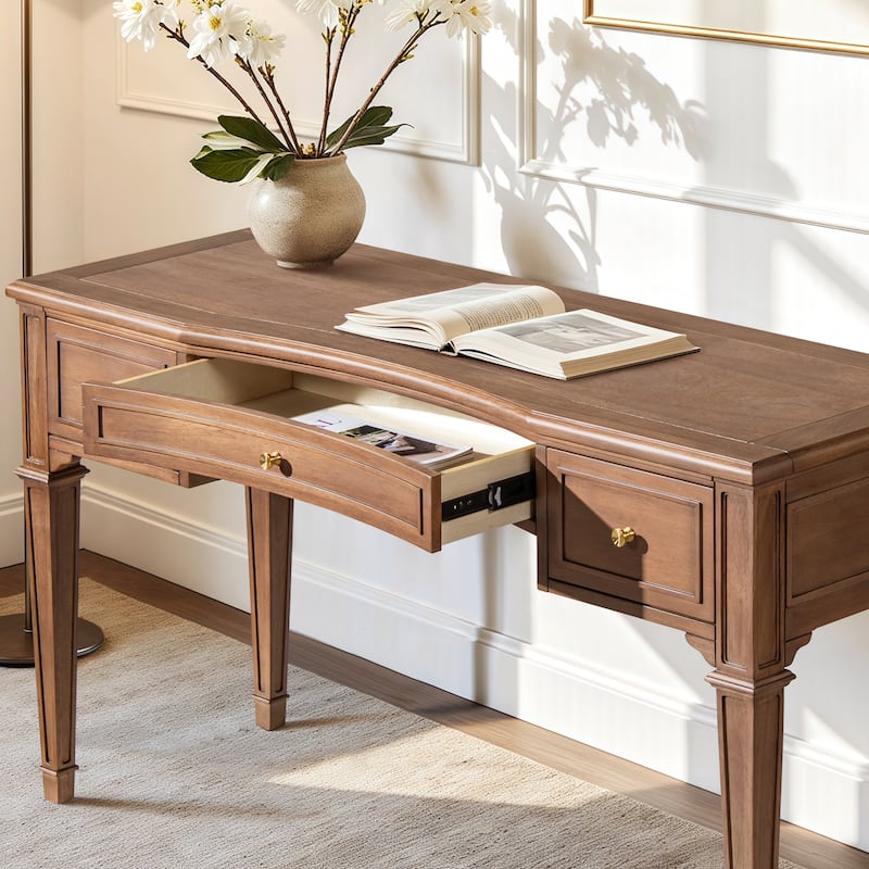 Jennifer Taylor Home Dauphin 55" Solid Wood 3-Drawer Gold Accent Executive Desk - Natural Brown