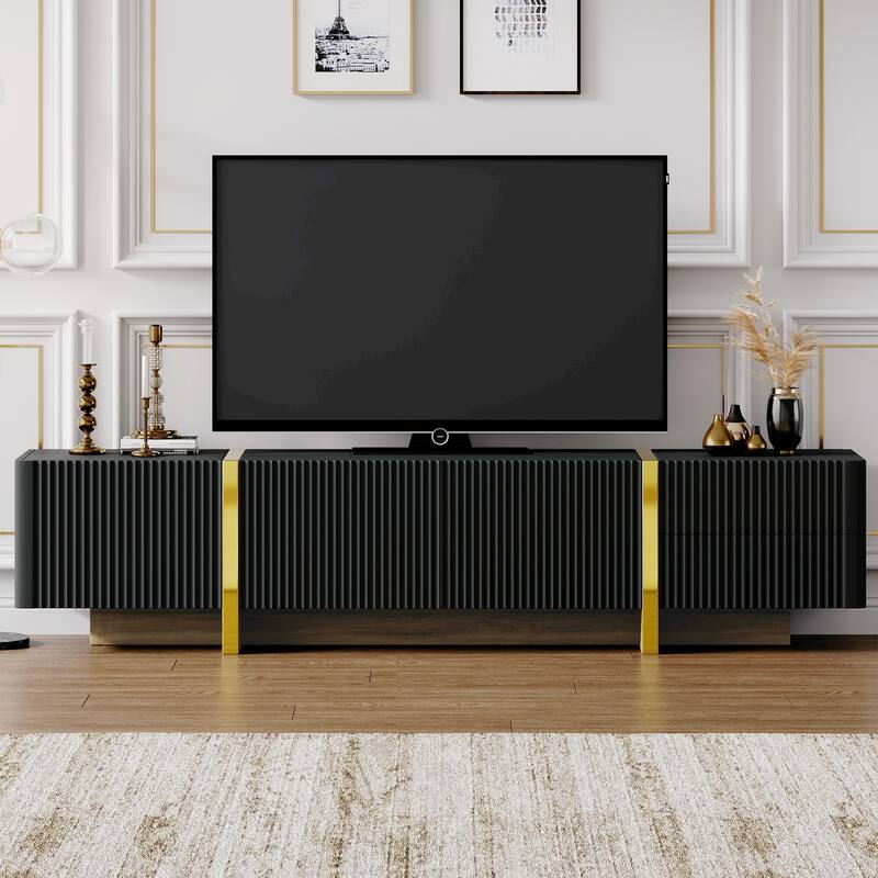 Modern Fluted TV Stand Luxury TV Stand with Storage Drawers and Gold Wood-Grain Legs, for Living Rooms, Black