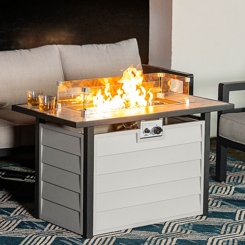 43'' Outdoor Propane Gas Fire Pit Table with Marble Texture Glass Tabletop