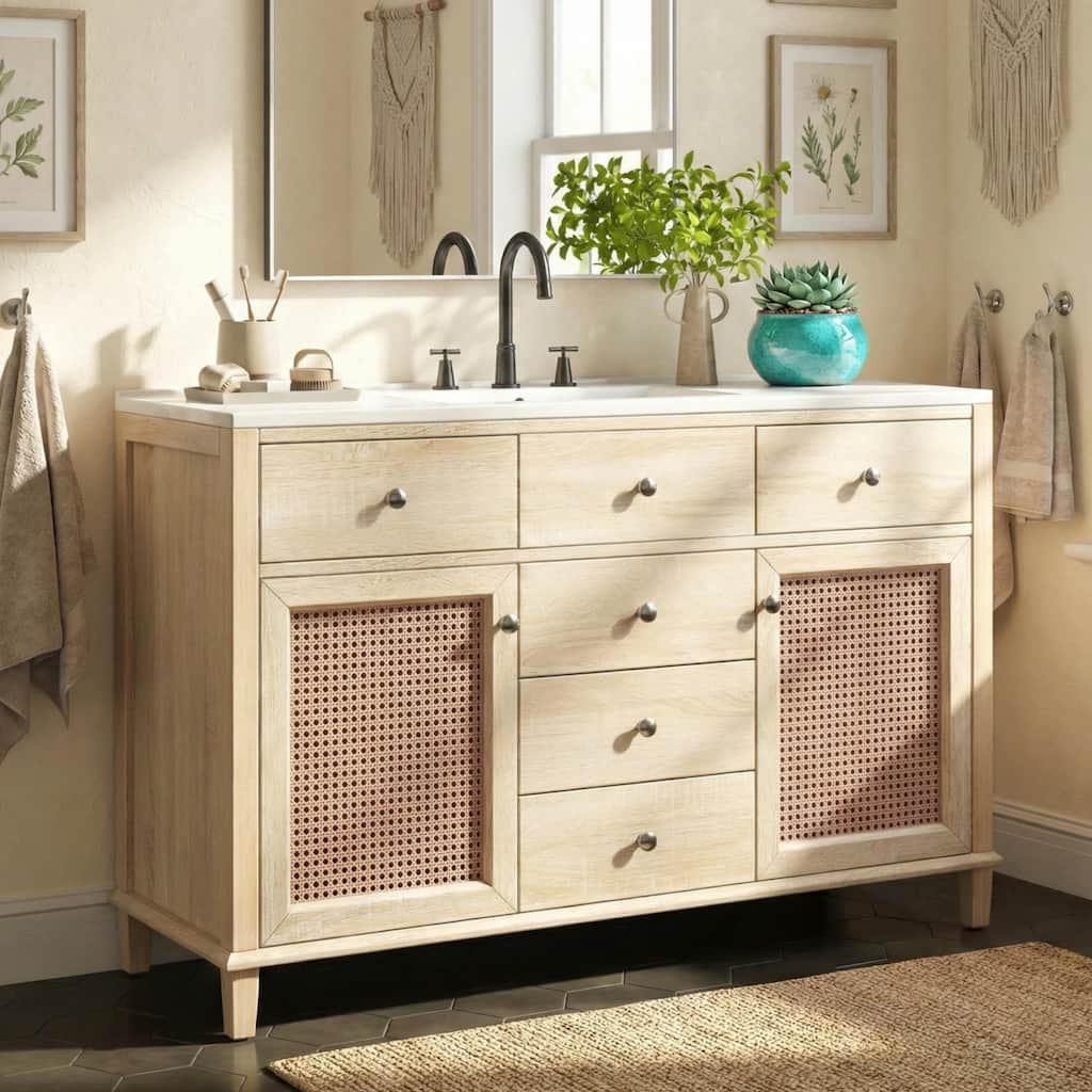 Christopher Knight Home - Modern Handwoven Rattan Bathroom Vanity with Ceramic Sink, Soft-Close Storages & Adjustable Shelving