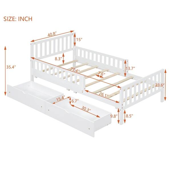 Twin Size Wood Platform Bed with Guardrails on Both Sides and Two Storage Drawers, White