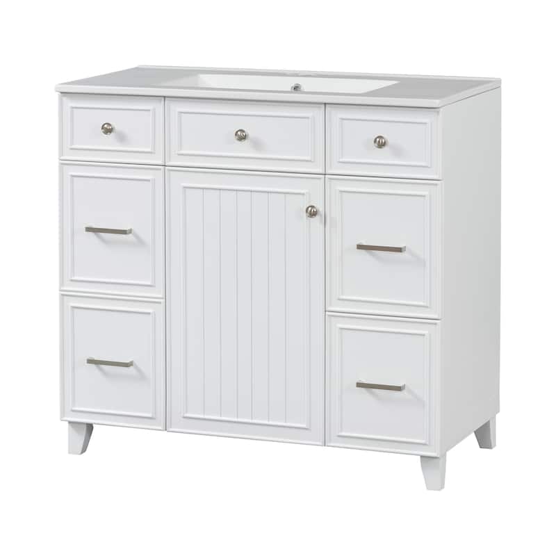36 Inch Freestanding Bathroom Vanity with White Ceramic Basin and Door and Drawers