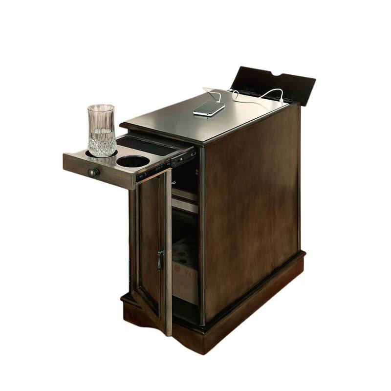 Transitional Side Table with Pull-Out Cup Holder and Built-In USB Outlet