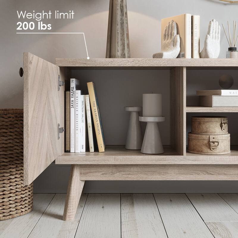 Living Skog Scandi Mid-Century Modern Herringbone TV Stand for TV Up to 65 Inches with Wooden Legs