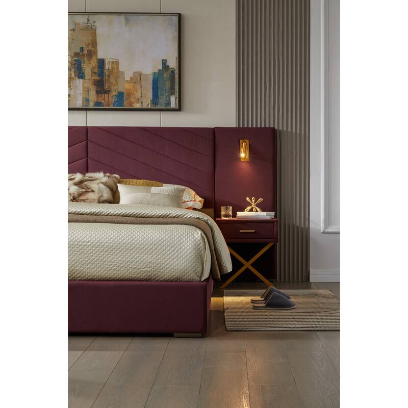 Velvet Upholstered Bed Frame, Wingback Headboard Platform Bed with LED Side Lights & Nightstands, No Box Spring Needed