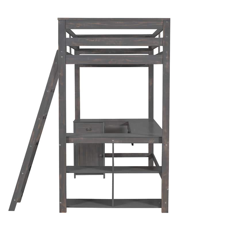Antique Brown Twin Size Solid Wood Loft Bed with Desk, Blackboard & Drawers