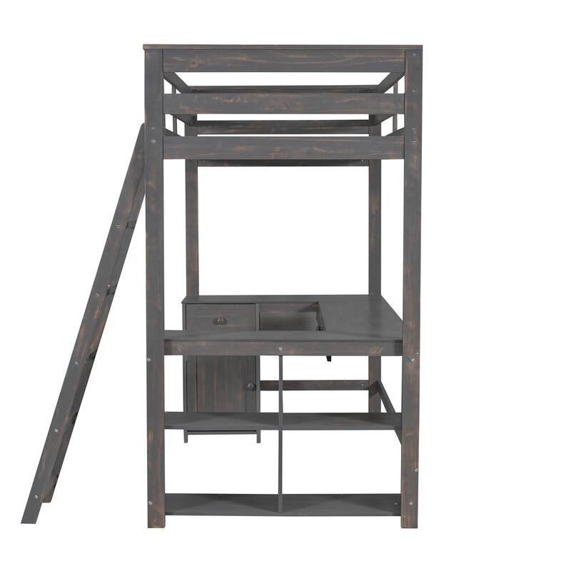 U-Shaped Desk Loft Bed with Storage Shelves & Drawers, Twin Size, Antique Brown