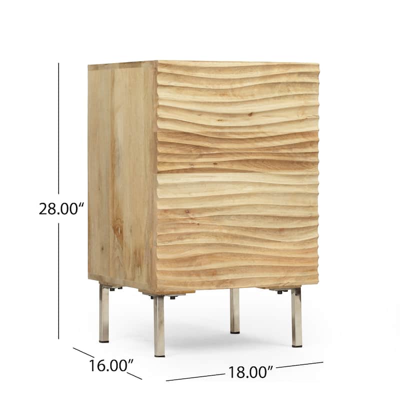 Roomfitters Modern Bedside Table, Natural Mango Wood Nightstand with Textured Door and Metal Legs, Natural