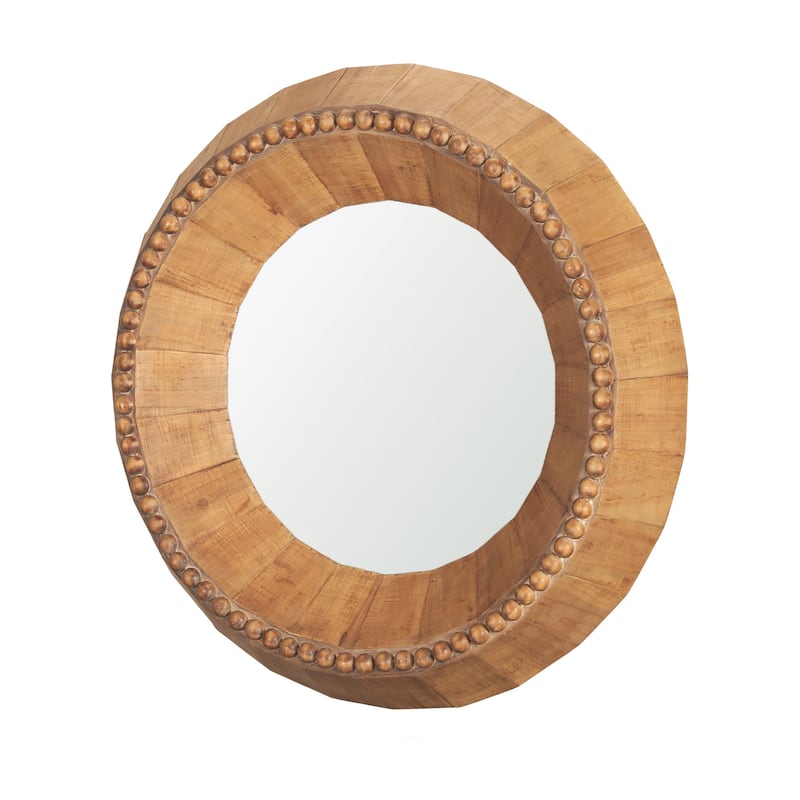 HomeRoots 30" Brown Solid Wood Faceted And Beaded Round Framed Accent Mirror - 29.92 in. x 29.92 in. x 4.13 in.