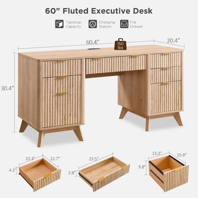 Modern Executive Desk with Charging Station, Home Office Computer Desk