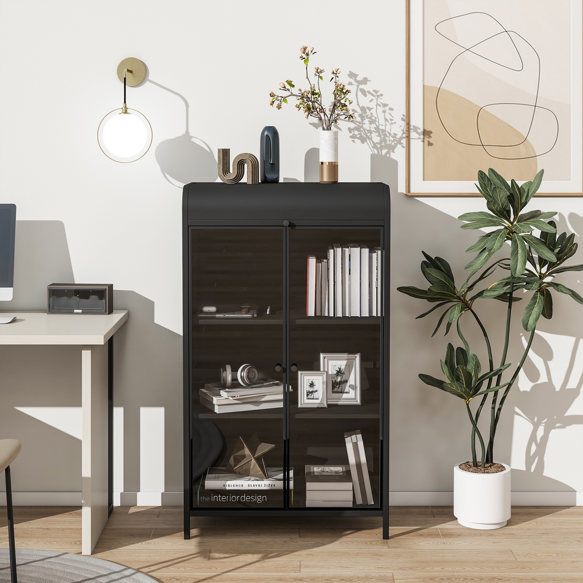 47.6" Tall Metal Storage Cabinet with Glass Doors & Flip-Top, 4-Tier Display Cabinet with Open Shelves