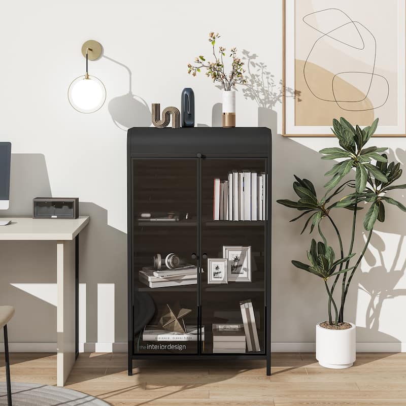 Tall Sideboard Buffet, Storage Cabinet with Glass Doors & Flip-Top, 4-Tier Accent Cabinet with Open Shelves