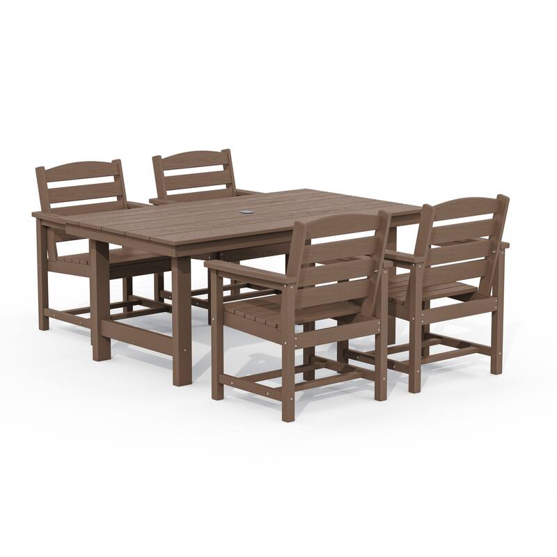 5-Piece HDPE Outdoor Dining Table Sets with Umbrella Hole - 1-Table 4-Chairs - Brown