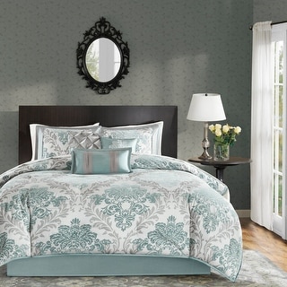 7P Royal Floral Damask Scroll Pleated Stripe Comforter Set Black Gray White King 