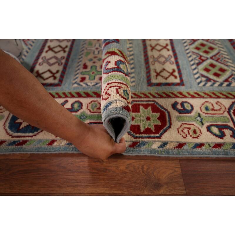 Blue Kazak Oriental Runner Rug Hand-Knotted Geometric Wool Carpet - 3'3" x 16'3"