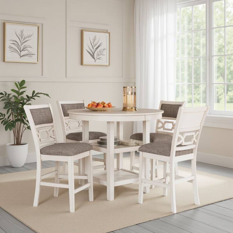 Berg 5pc Counter Height Dining Table Set, White Wood, Padded Chairs
