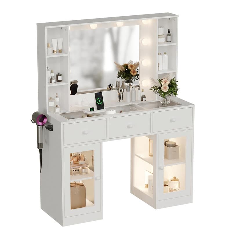 Particle Board Veneered 3 Drawers 2 Glass Doors Left and Right 2-tier Shelves Glass Tabletop Dressing Table - N/A - White